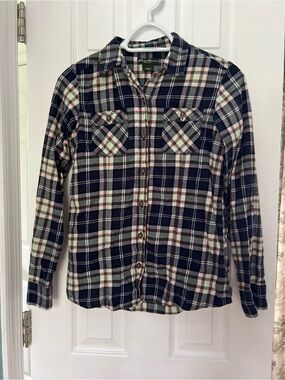 Eddie Bauer Navy, White and Green Plaid Flannel Shirt